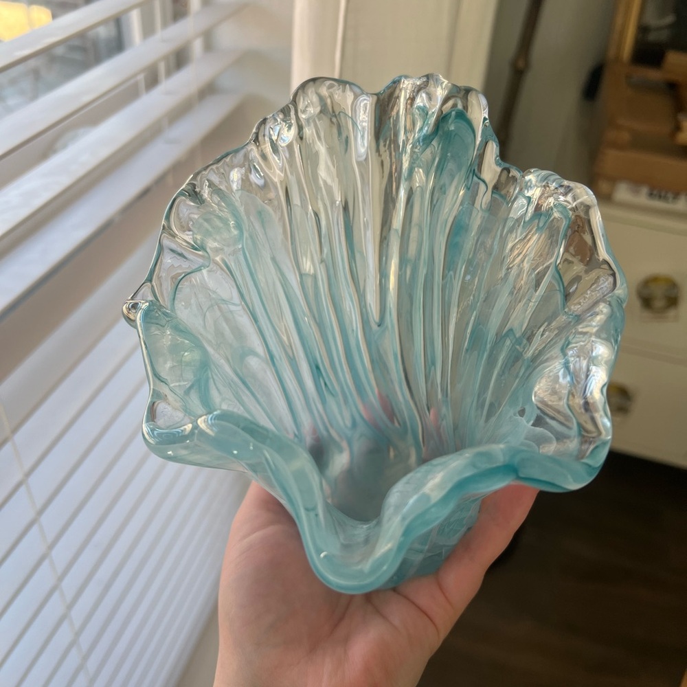 Murano Hand Blown Italian Glass Vase. Blue / Clear. Water Vase. Made In Italy - Picture 8 of 11